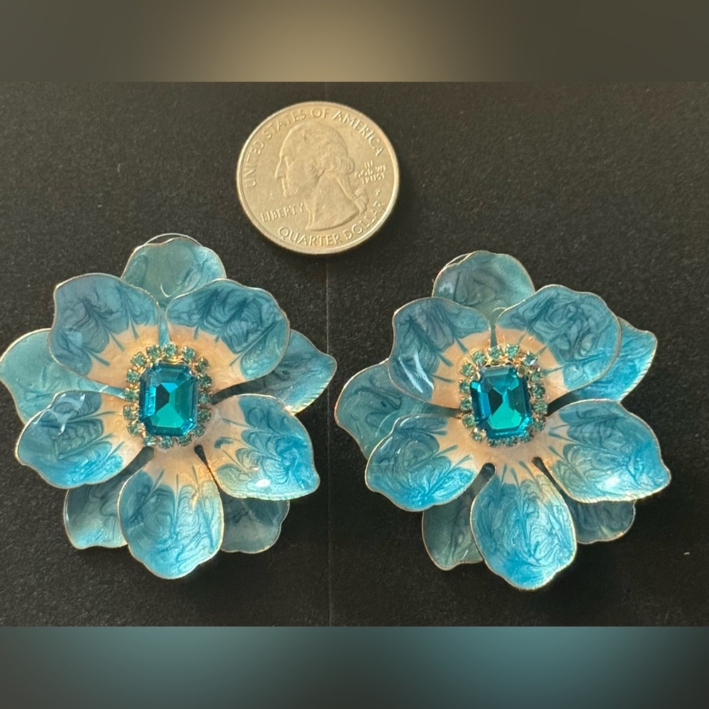 Natasha Couture Blue Floral Stud Earrings with Rhinestone Center - Picture 4 of 4